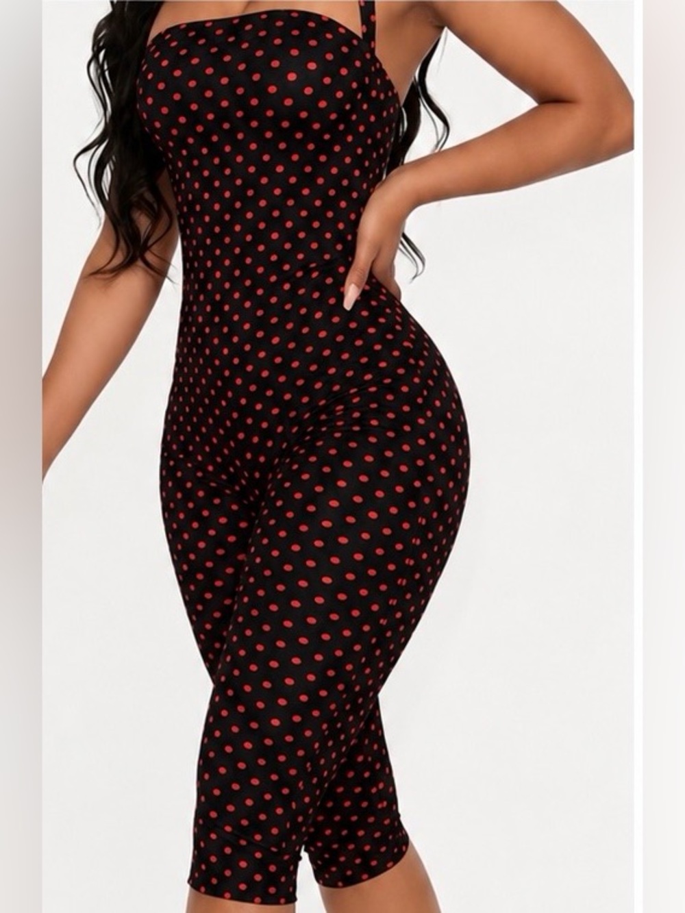 Sleeveless Black & Red Polka Dot Capri Jumpsuit